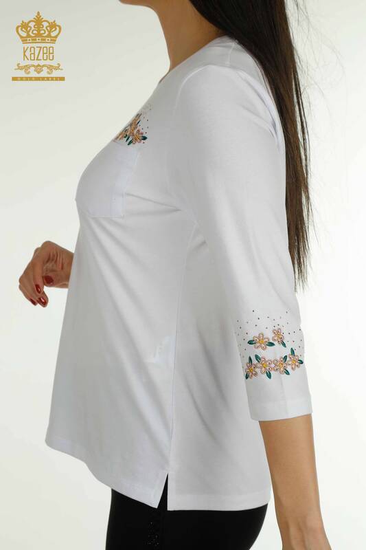 Bluză de damă cu ridicata - Buzunar Detaliat - Alb - 79477 | KAZEE