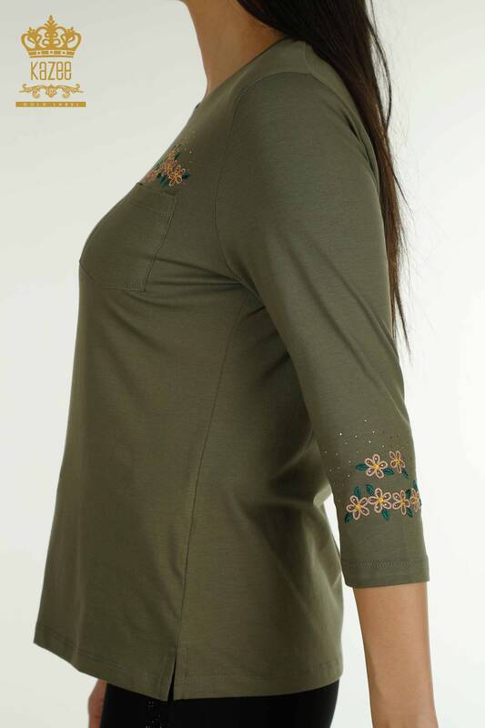 Bluză de damă cu ridicata - Buzunar Detaliat - Kaki - 79477 | KAZEE
