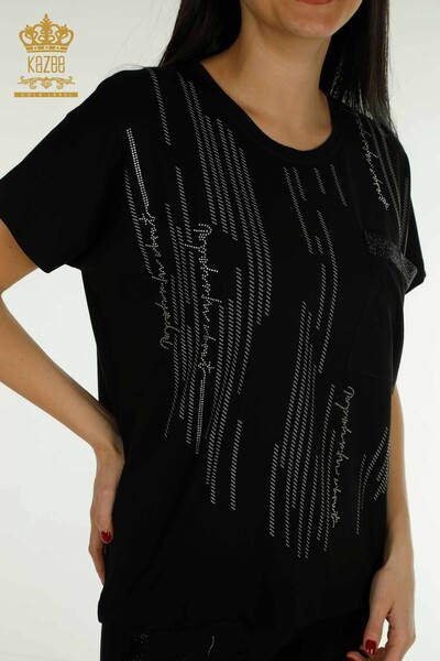 Bluză de damă cu ridicata - Buzunar Detaliat - Negru - 79140 | KAZEE - Thumbnail
