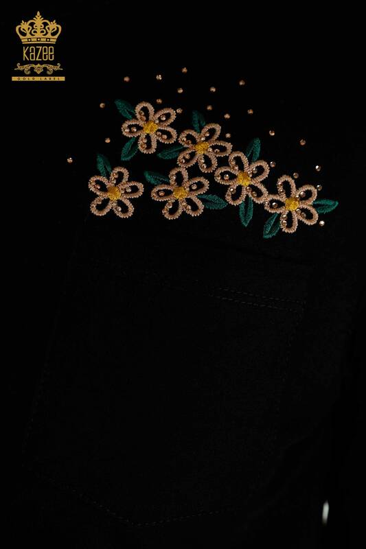 Bluză de damă cu ridicata - Buzunar Detaliat - Negru - 79477 | KAZEE