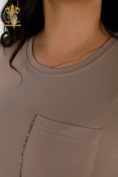 Bluză de damă cu buzunare cu mânecă scurtă din nurcă - 79234 | KAZEE - Thumbnail
