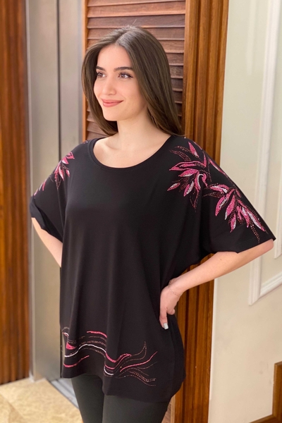 Bluză cu ridicata pentru femei cu pietre și flori colorate - 77567 | Kazee - Thumbnail