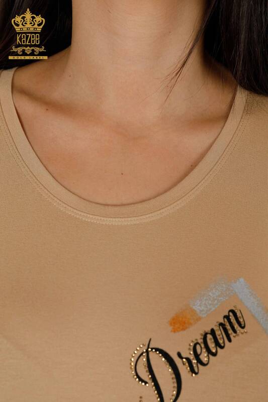 Bluză de damă cu ridicata cu decolteu rotund Bej - 78896 | KAZEE