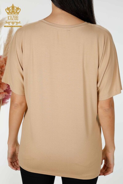 Bluză de damă cu ridicata cu decolteu rotund Bej - 78896 | KAZEE - Thumbnail