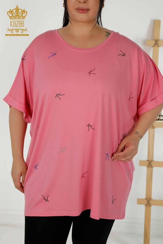 Bluză de damă cu ridicata cu decolteu rotund roz - 79333 | KAZEE