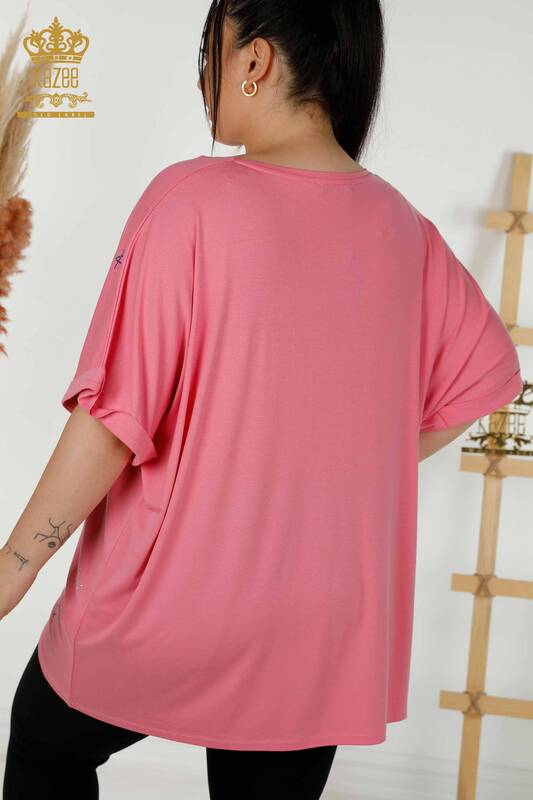 Bluză de damă cu ridicata cu decolteu rotund roz - 79333 | KAZEE