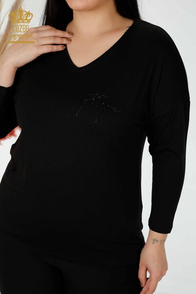Bluză de damă cu ridicata cu piatră de cristal brodat negru - 77935 | KAZEE - Thumbnail