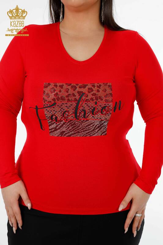 Bluză de damă cu ridicata cu decolteu în V roșu - 79006 | KAZEE