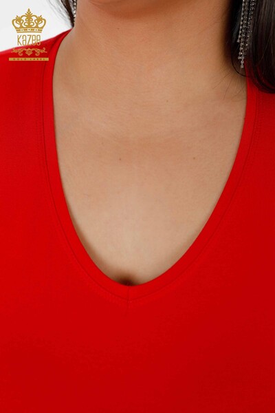 Bluză de damă cu ridicata cu decolteu în V roșu - 79006 | KAZEE - Thumbnail