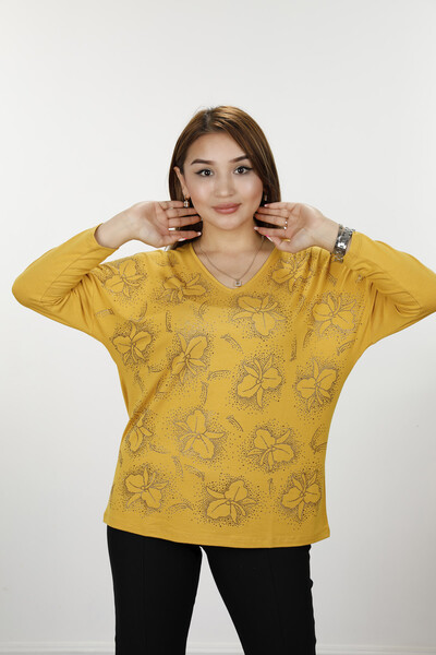 Bluză de damă cu ridicata cu floare detaliată cu piatră brodată - 77932 | kazee - Thumbnail