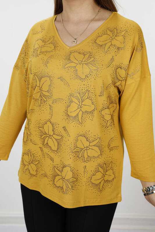Bluză de damă cu ridicata cu floare detaliată cu piatră brodată - 77932 | kazee