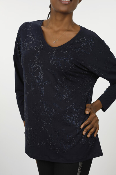 Bluză de damă cu ridicata cu floare detaliată cu piatră brodată - 77932 | kazee - Thumbnail