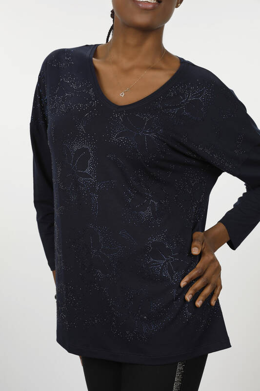 Bluză de damă cu ridicata cu floare detaliată cu piatră brodată - 77932 | kazee