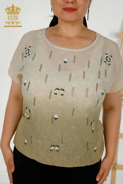 Bluză de damă cu ridicata cu decolteu rotund Kaki - 79132 | KAZEE - Thumbnail