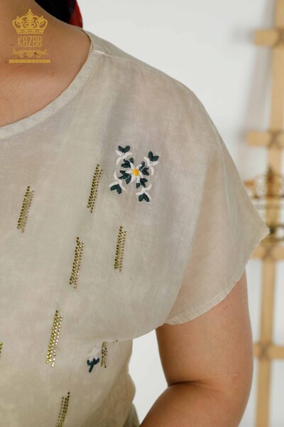 Bluză de damă cu ridicata cu decolteu rotund Kaki - 79132 | KAZEE - Thumbnail