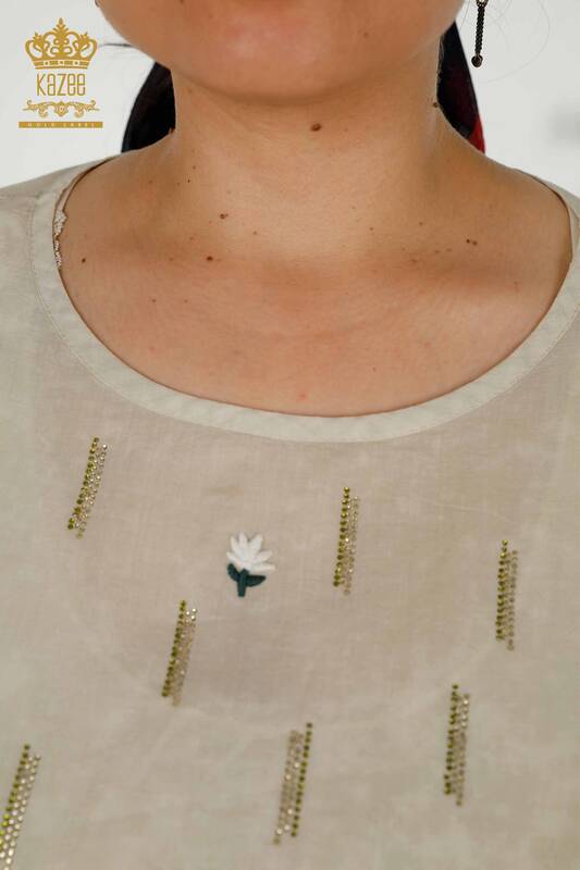 Bluză de damă cu ridicata cu decolteu rotund Kaki - 79132 | KAZEE