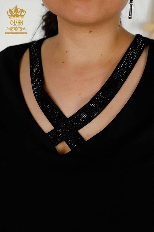 Bluză de damă en-gros cu detaliu guler negru - 79311 | KAZEE