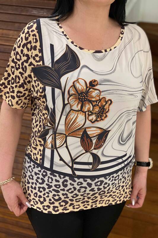 Bluză de damă cu ridicata imprimată cu detaliu leopard - 77323 | Kazee