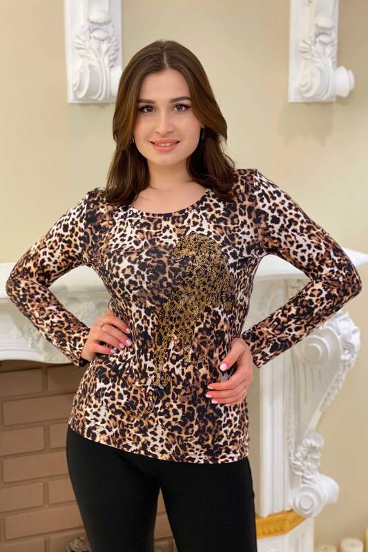 Bluza de dama cu ridicata cu piatra colorata leopard brodata - 77782 | Kazee