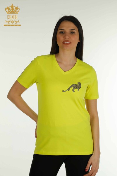 Bluză de damă cu ridicata cu piatră leopard brodat galben - 79484 | KAZEE - Thumbnail