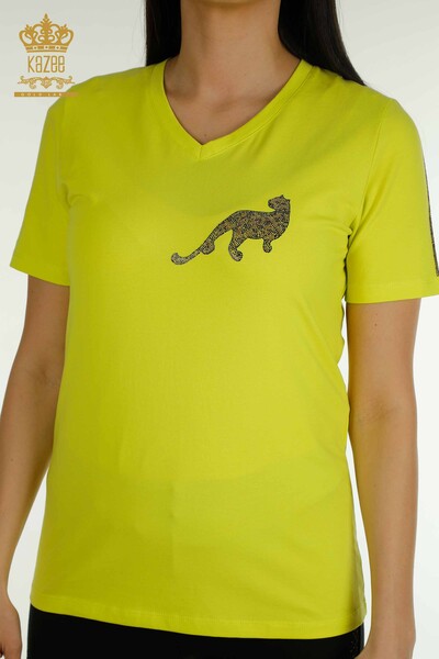Bluză de damă cu ridicata cu piatră leopard brodat galben - 79484 | KAZEE - Thumbnail