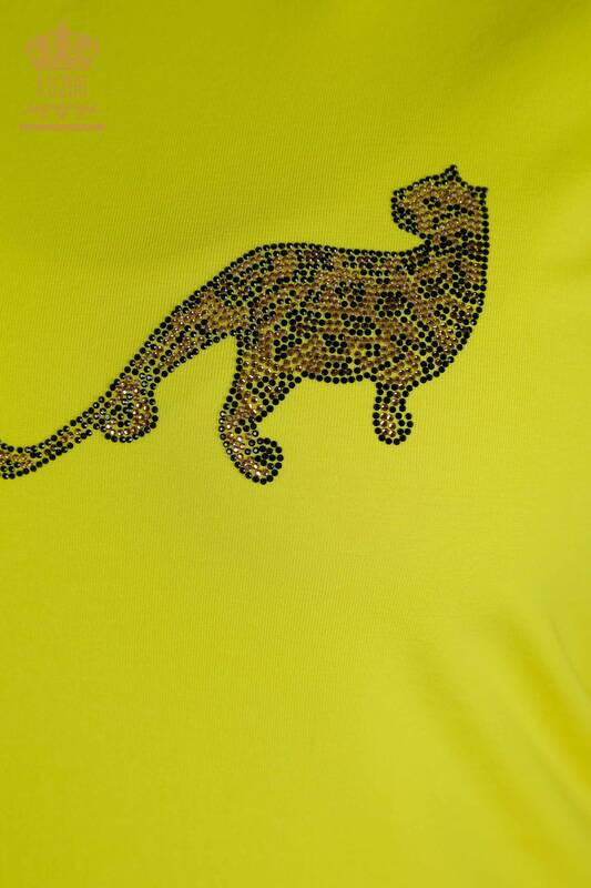 Bluză de damă cu ridicata cu piatră leopard brodat galben - 79484 | KAZEE