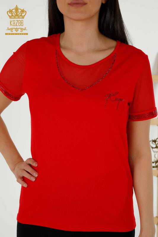 Bluză cu mânecă scurtă pentru femei roșie - 79104 | KAZEE