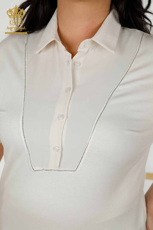 Bluză de damă cu ridicata cu nasturi detaliat Ecru - 79291 | KAZEE