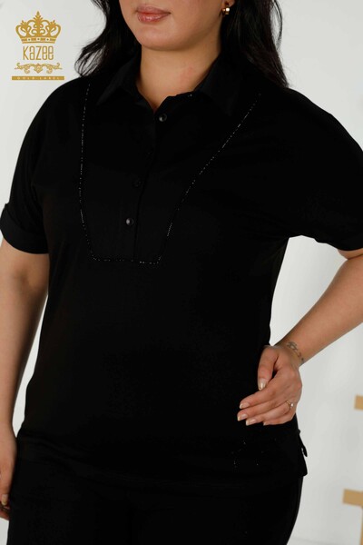 Bluză de damă cu ridicata cu nasturi detaliate negru - 79291 | KAZEE - Thumbnail