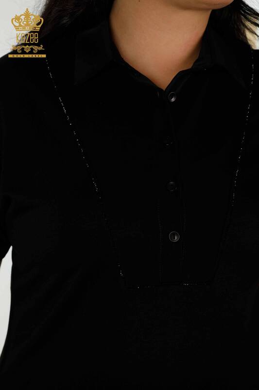Bluză de damă cu ridicata cu nasturi detaliate negru - 79291 | KAZEE