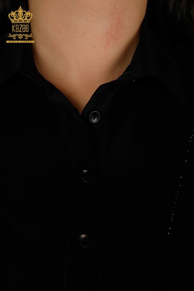 Bluză de damă cu ridicata cu nasturi detaliate negru - 79291 | KAZEE - Thumbnail