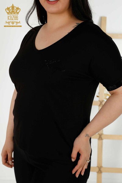 Bluză de damă cu ridicata cu nasturi detaliate negru - 79297 | KAZEE - Thumbnail
