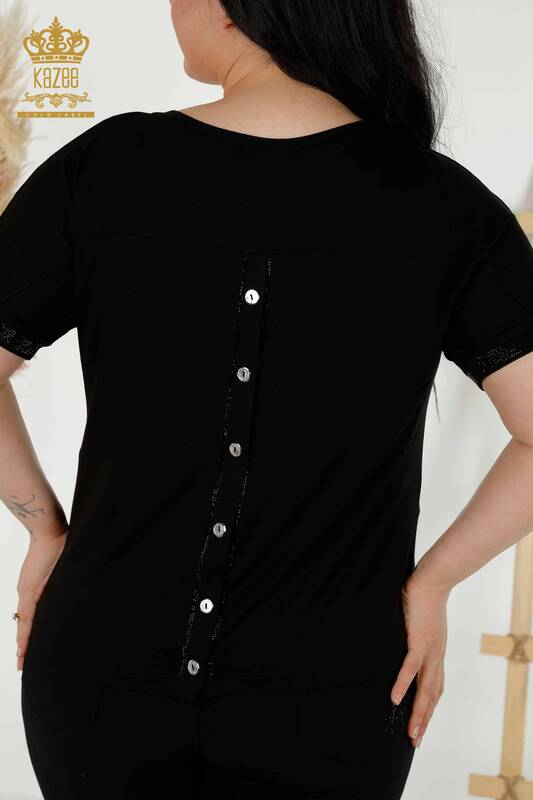 Bluză de damă cu ridicata cu nasturi detaliate negru - 79297 | KAZEE