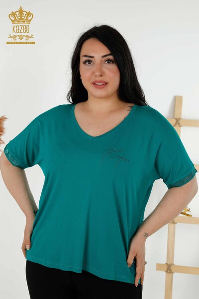 Bluză cu ridicata pentru femei cu nasturi detaliate verde - 79297 | KAZEE - Thumbnail
