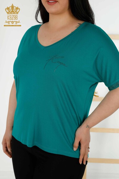 Bluză cu ridicata pentru femei cu nasturi detaliate verde - 79297 | KAZEE - Thumbnail