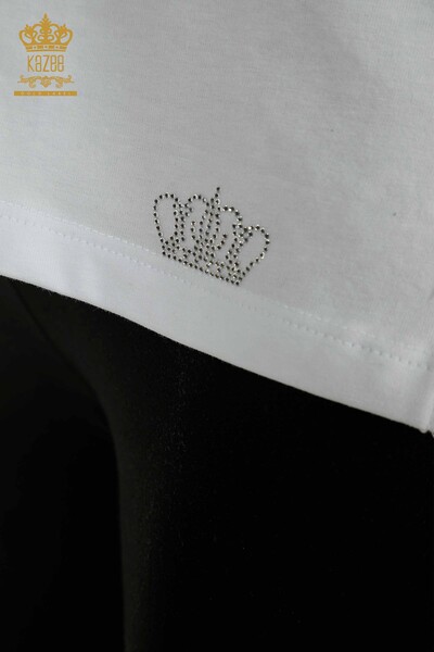 Bluză de damă cu ridicata - brodată cu piatră - albă - 79565 | KAZEE - Thumbnail