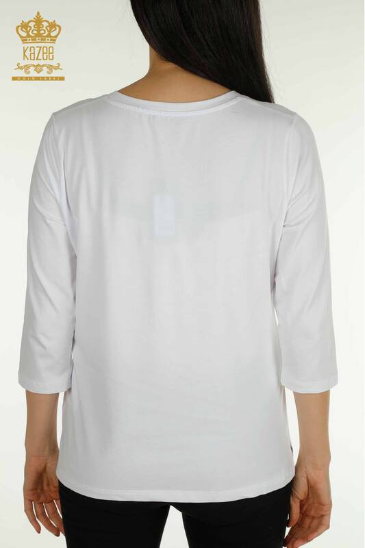 Bluză de damă cu ridicata - brodată cu piatră - albă - 79565 | KAZEE