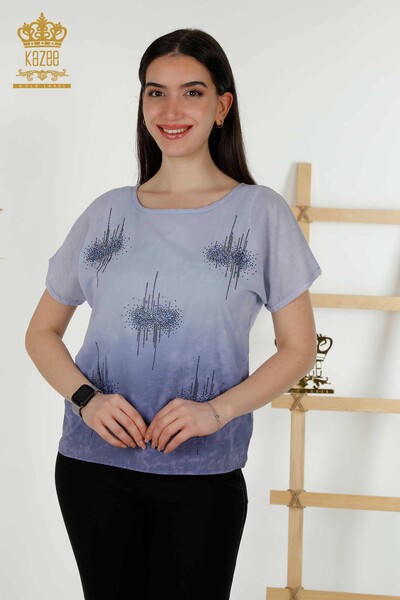 Bluză de damă cu ridicata cu piatră brodat Indigo - 79174 | KAZEE - Thumbnail
