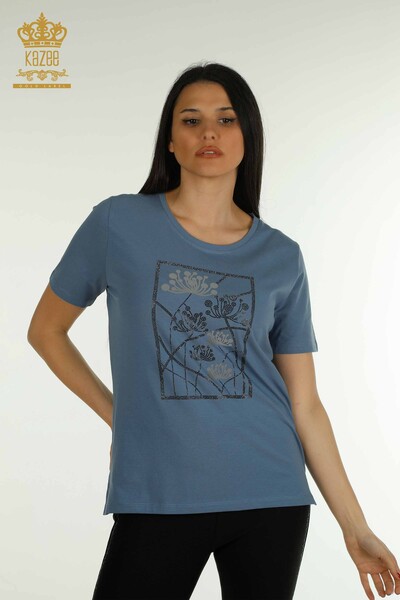 Bluză de damă cu ridicata - Brodat cu piatră - Indigo - 79863 | KAZEE - Thumbnail