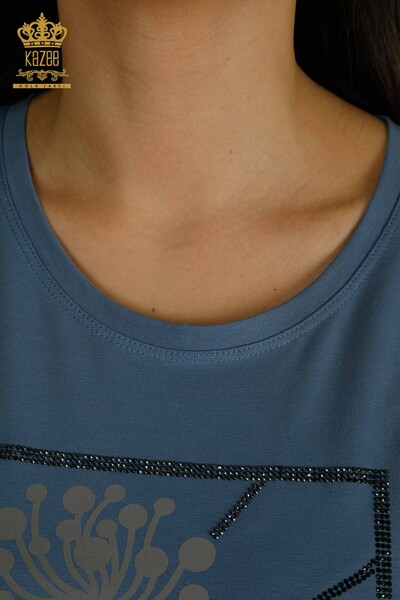 Bluză de damă cu ridicata - Brodat cu piatră - Indigo - 79863 | KAZEE - Thumbnail