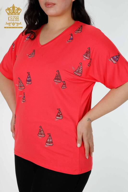 Bluză de damă cu ridicata cu piatră brodata Coral - 78936 | KAZEE