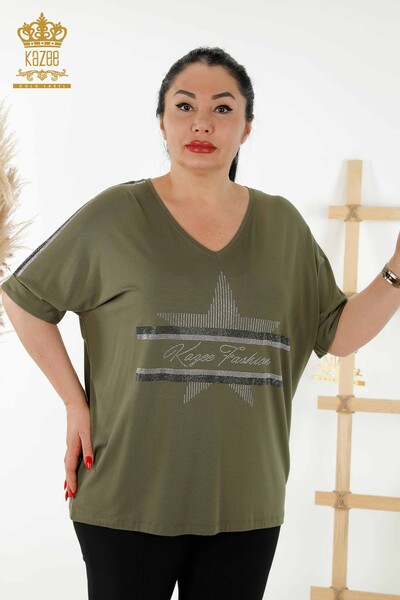 Bluză de damă cu ridicata cu piatră brodata Kaki - 78882 | KAZEE - Thumbnail