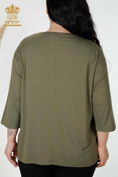 Bluză de damă cu ridicata cu piatră brodata kaki - 78952 | KAZEE - Thumbnail