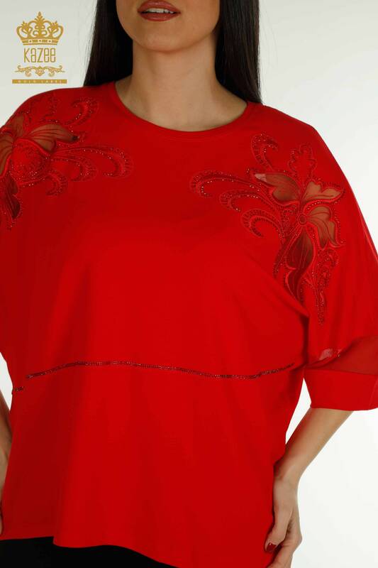 Bluză de damă cu ridicata cu roșu brodat cu piatră - 79057 | KAZEE