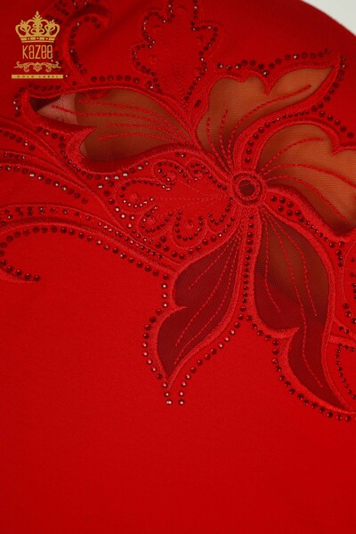 Bluză de damă cu ridicata cu roșu brodat cu piatră - 79057 | KAZEE - Thumbnail