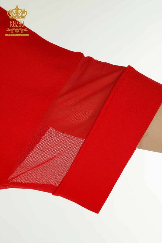 Bluză de damă cu ridicata cu roșu brodat cu piatră - 79057 | KAZEE