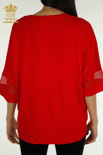Bluză de damă cu ridicata cu roșu brodat cu piatră - 79057 | KAZEE - Thumbnail