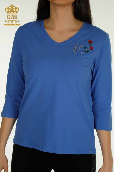 Bluză de damă cu ridicata - Brodat trandafir - Saks - 79867 | KAZEE - Thumbnail
