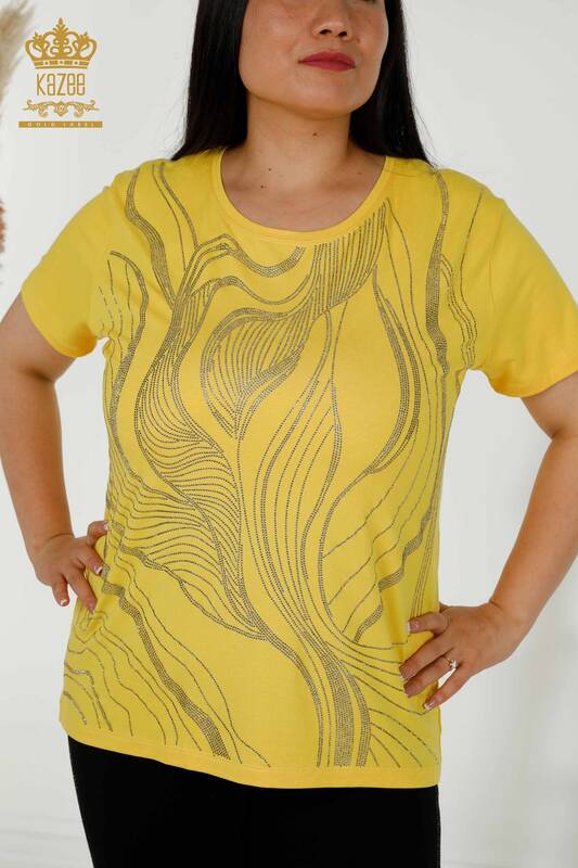 Bluză de damă cu ridicata cu piatră brodat galben - 79329 | KAZEE