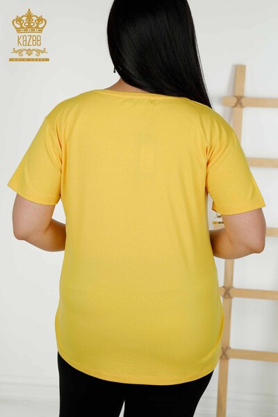 Bluză de damă cu ridicata cu piatră brodat galben - 79329 | KAZEE - Thumbnail